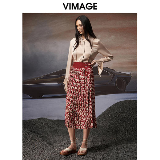 VIMAGE纬漫纪秋季新款个性洋气复古百褶高腰半身裙女裙V1806408 商品图1