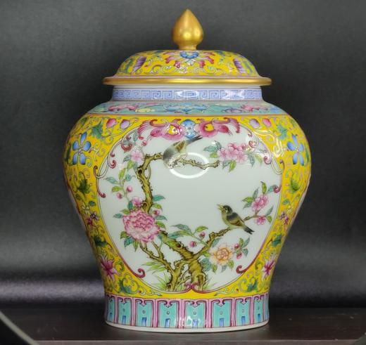 珐琅彩黄地图案开窗花鸟茶叶罐 商品图1