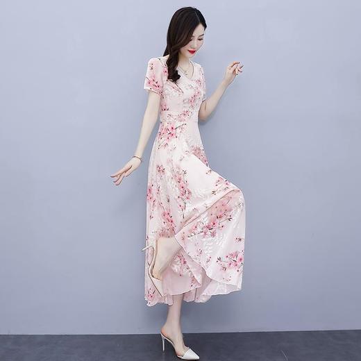 NYL92235新款时尚优雅气质修身显瘦V领短袖中长款雪纺碎花连衣裙 商品图5