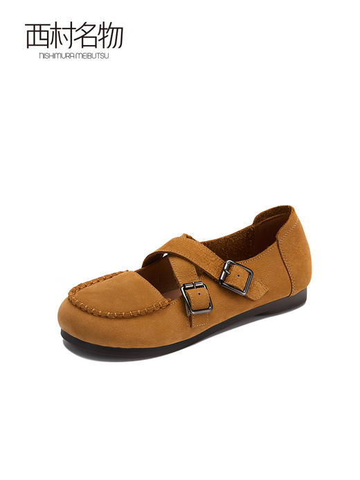 西村名物2022年新款牛皮单鞋女鞋软底软面平底鞋复古奶奶鞋19951 商品图1