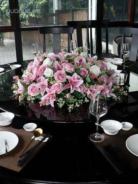 酒店餐桌花饭店餐厅包厢大圆桌中间转盘摆花高端仿真花装饰花摆设