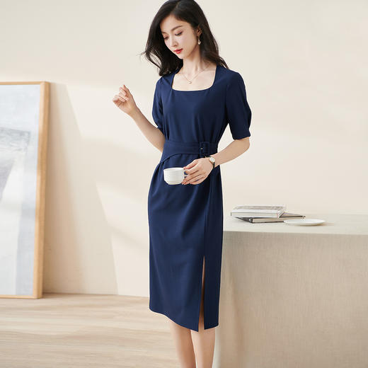 米思阳2024夏季新款气质复古方领五分袖连衣裙薄款收腰中长裙2064 商品图0