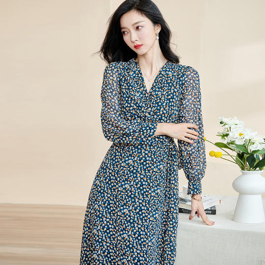 米思阳2026春季新款法式优雅碎花裹身茶歇连衣裙薄款长袖大摆裙子 商品图0