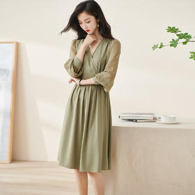 剩S/M/L/XL 米思阳2026春季新款气质淑女交叠V领连衣裙薄款长袖大摆裙子2114