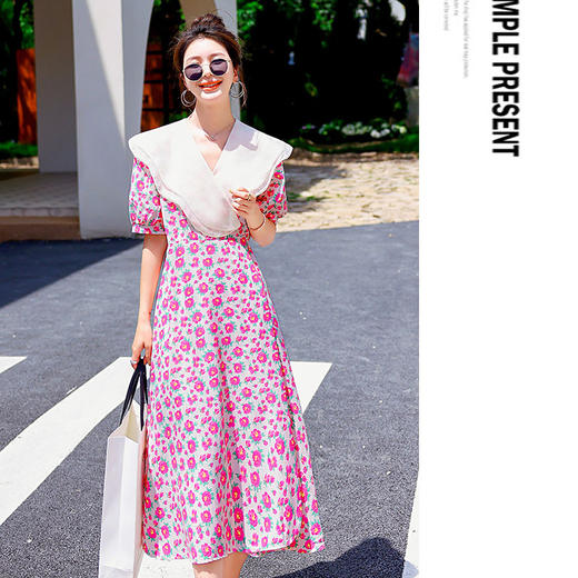 夏装花裙子女海军领短袖碎花系带中长显瘦连衣裙HR-WX95769 商品图1