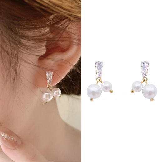 JU-A20韩国珍珠吊坠耳环女银针锆石小耳钉气质冷淡风新款耳饰 商品图1