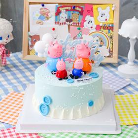 小猪佩奇的一家蓝色系蛋糕