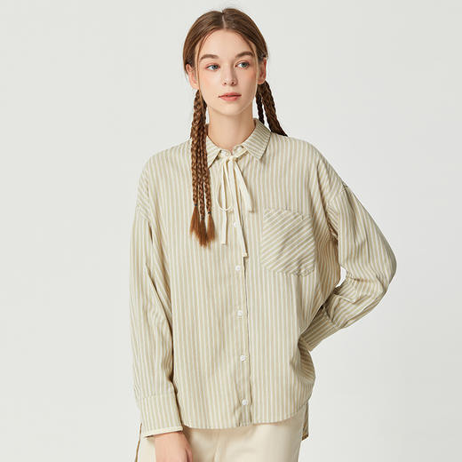 famecoco范可儿原创系带蝴蝶结条纹衬衫女士秋天长袖落肩开叉衬衣DAB6BA008 商品图2