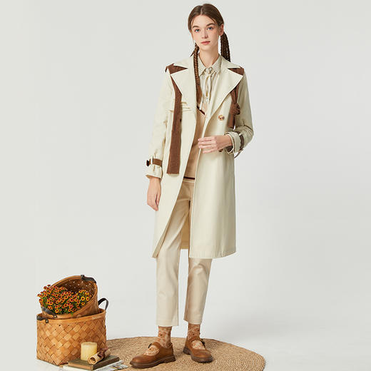 famecoco设计感拼接灰色风衣女士秋季纯棉收腰中长款休闲外套D221AT300 商品图5