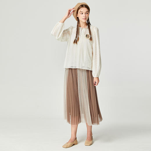 Famecoco范可儿气质撞色网纱半身裙秋款温柔不对称百褶裙F225HA013 商品图3