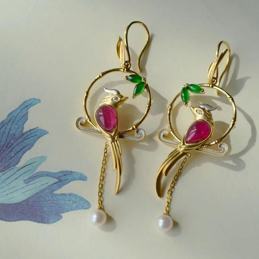 龢盒原创 18k金镶翡翠碧玺林鸟耳坠 耳环 商品图2