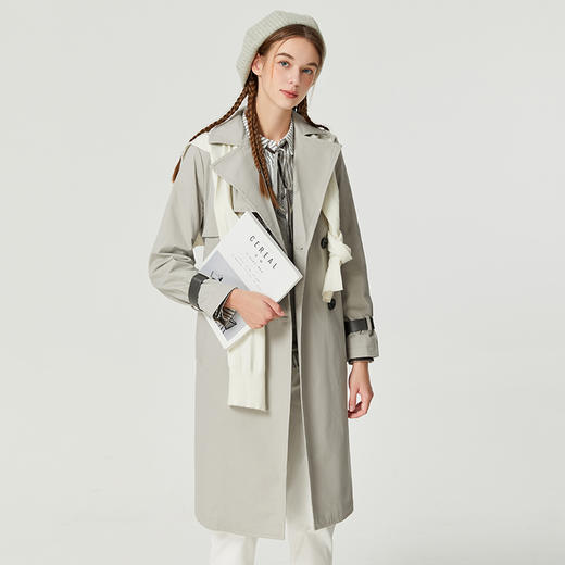 famecoco设计感拼接灰色风衣女士秋季纯棉收腰中长款休闲外套D221AT300 商品图2