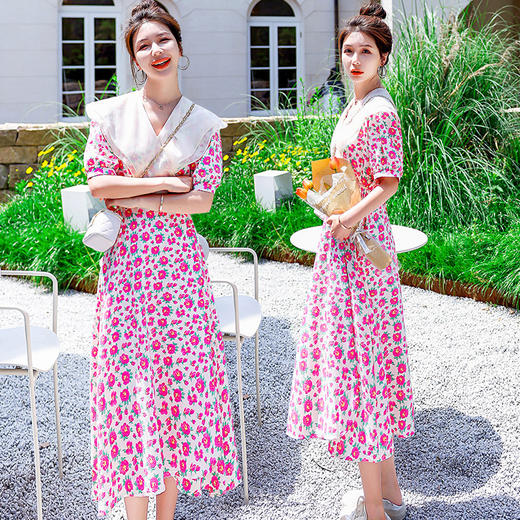 夏装花裙子女海军领短袖碎花系带中长显瘦连衣裙HR-WX95769 商品图3