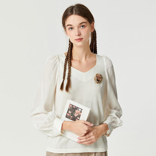 famecoco泡泡袖v领针织衫女秋季长袖薄款宽松套头毛衫上衣 商品图1