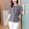重磅缎面仿真丝T恤,新款夏休闲蝙蝠袖修身条纹短袖上衣KQL-B43N8133 商品缩略图0