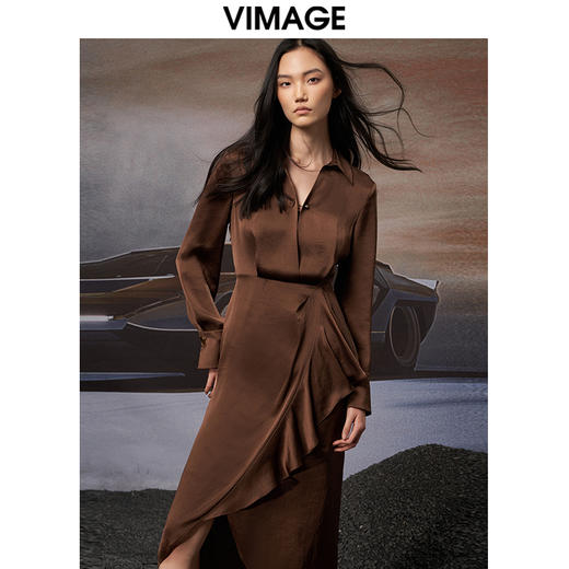 VIMAGE纬漫纪秋季新款女装不对称裙摆A字裙高腰V领显瘦连衣裙V1807405 商品图3
