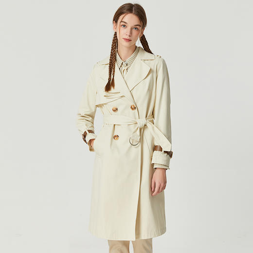 famecoco设计感拼接灰色风衣女士秋季纯棉收腰中长款休闲外套D221AT300 商品图4