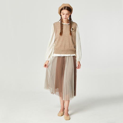 Famecoco范可儿气质撞色网纱半身裙秋款温柔不对称百褶裙F225HA013 商品图2