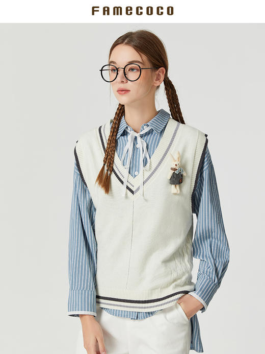 Famecoco范可儿学院风羊毛马甲女早秋休闲针织背心小坎肩F205CA009 商品图3
