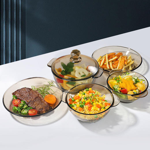 「五件套！不负好食光」北欧茶色玻璃碗套装居家厨房日用碗盘餐饮用具套装米饭碗双耳沙拉碗早餐甜品碗 商品图1