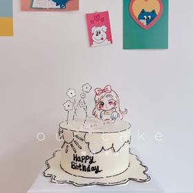 二次元漫画小女孩线条狗款手绘蛋糕 -低糖处理无添加