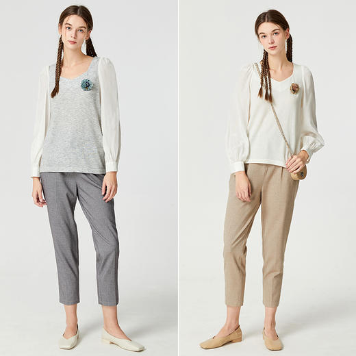 famecoco泡泡袖v领针织衫女秋季长袖薄款宽松套头毛衫上衣 商品图4