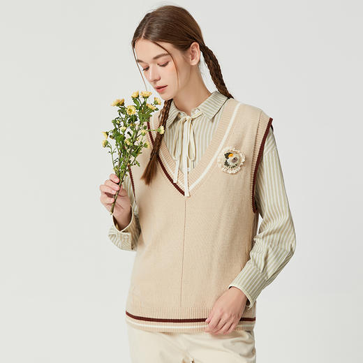 Famecoco范可儿学院风羊毛马甲女早秋休闲针织背心小坎肩F205CA009 商品图1