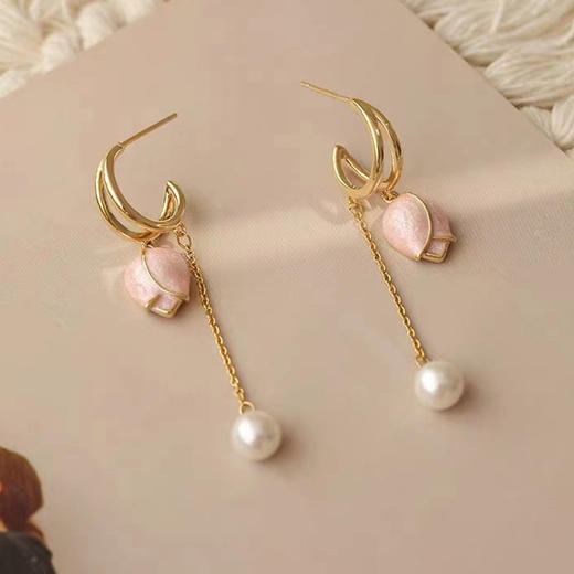 JU-A310仙女显脸瘦粉色郁金香耳环流苏长款耳坠珍珠耳饰耳钉 商品图4