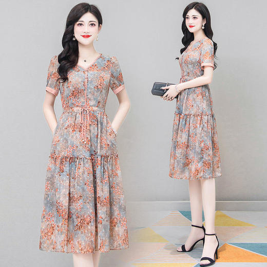 气质减龄印花连衣裙女小个子2022夏季新款修身短袖时尚打底裙 YW-TYPHH611 商品图0