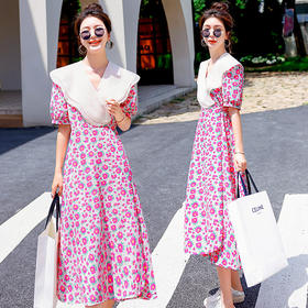 夏装花裙子女海军领短袖碎花系带中长显瘦连衣裙HR-WX95769