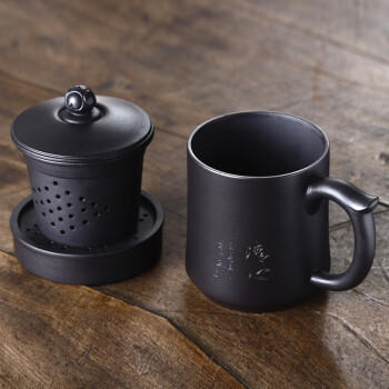 君礼轩紫砂茶杯套装 宜兴黑泥手工五件套带过滤茶水杯五件套莲花杯480ml 商品图2