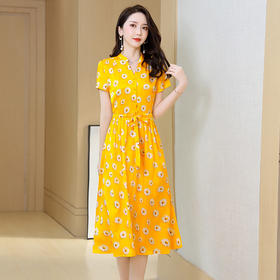 弹力缎真丝连衣裙桑蚕丝夏季年轻款碎花V领修身收腰中长裙子KQ-27281