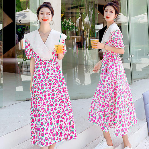 夏装花裙子女海军领短袖碎花系带中长显瘦连衣裙HR-WX95769 商品图2