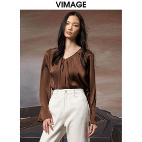 VIMAGE纬漫纪秋季新款时尚喇叭袖口雪纺面料短款V领小上衣女V1813406