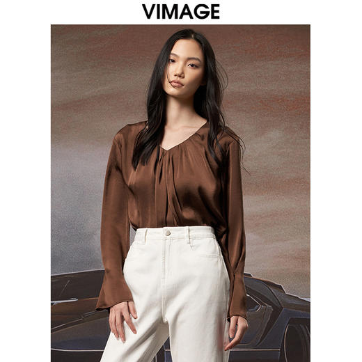 VIMAGE纬漫纪秋季新款时尚喇叭袖口雪纺面料短款V领小上衣女V1813406 商品图0