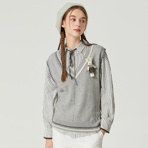 Famecoco范可儿学院风羊毛马甲女早秋休闲针织背心小坎肩F205CA009 商品图4