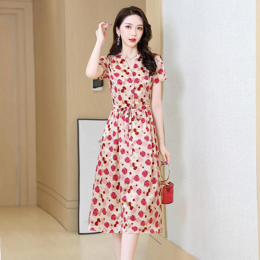 弹力缎真丝连衣裙桑蚕丝夏季年轻款碎花V领修身收腰中长裙子KQ-27281 商品图2