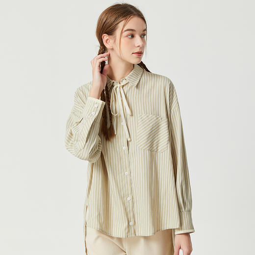 famecoco范可儿原创系带蝴蝶结条纹衬衫女士秋天长袖落肩开叉衬衣DAB6BA008 商品图3