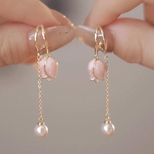 JU-A310仙女显脸瘦粉色郁金香耳环流苏长款耳坠珍珠耳饰耳钉 商品图3
