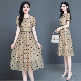 WEZM-BJC123  贵夫人高档时尚气质波点连衣裙女2022夏季新款修身短袖时尚打底裙