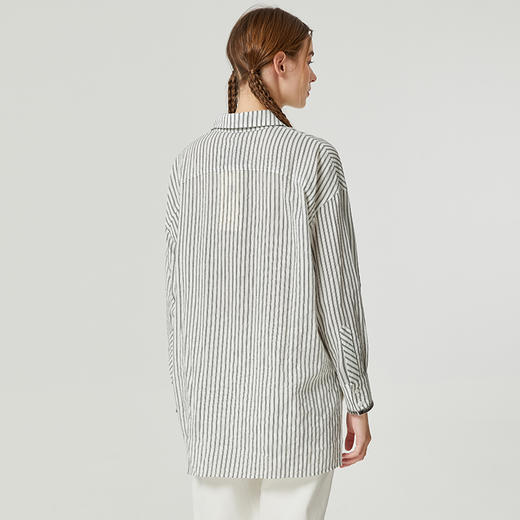 famecoco范可儿原创系带蝴蝶结条纹衬衫女士秋天长袖落肩开叉衬衣DAB6BA008 商品图1