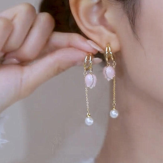 JU-A310仙女显脸瘦粉色郁金香耳环流苏长款耳坠珍珠耳饰耳钉 商品图1