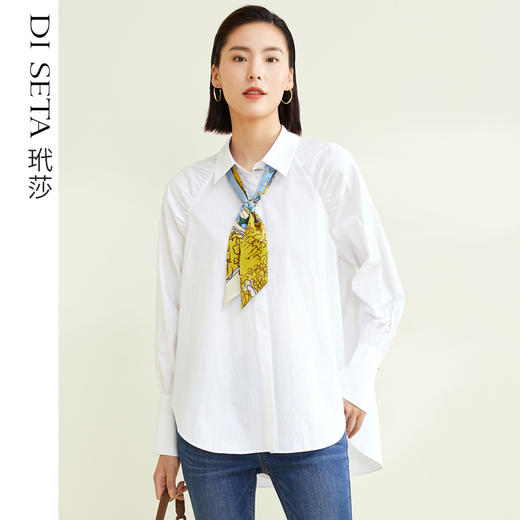 玳莎水洗平纹棉布110G慵懒风插肩长袖衬衫宽松休闲抽褶设计感法式上衣女  CC31301 商品图0