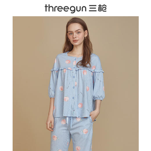 Threegun三枪 【水柔棉】圆领开襟中袖长裤女士家居套家居服-81860D011 商品图0