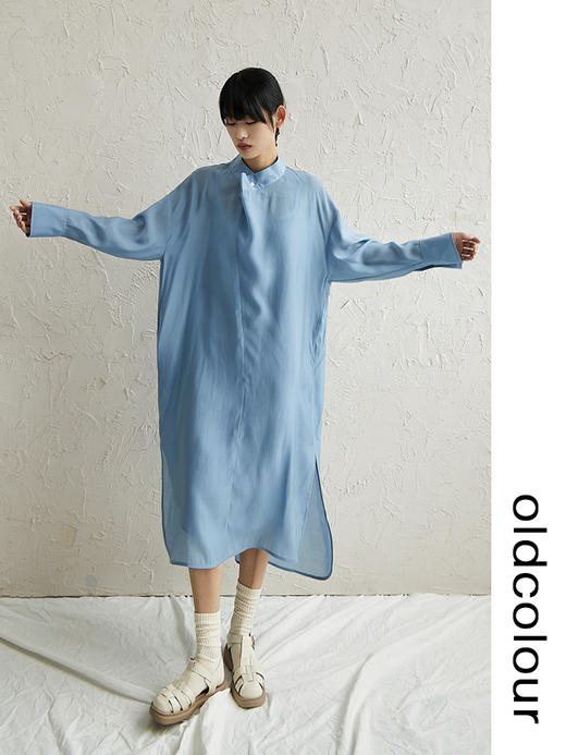 oldcolour天丝立领连衣裙早秋女新款高级感慵懒风长袖裙子 商品图0