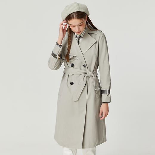 famecoco设计感拼接灰色风衣女士秋季纯棉收腰中长款休闲外套D221AT300 商品图1