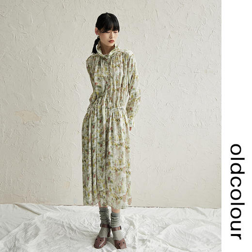 oldcolour印花衬衫连衣裙早秋新款立领低腰线设计感碎花裙 商品图0