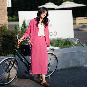 三绽放/553-565/魅惑粉亚麻文艺休闲西装薄款宽松外套女半身裙套装
