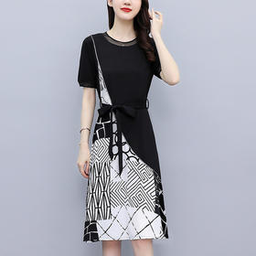 2022夏新款气质显瘦女装通勤时尚印花短袖气质拼接连衣裙  XY-LYF9934
