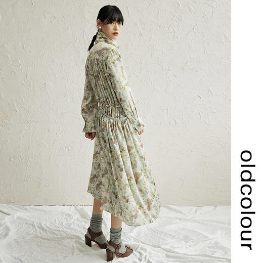 oldcolour印花衬衫连衣裙早秋新款立领低腰线设计感碎花裙 商品图3